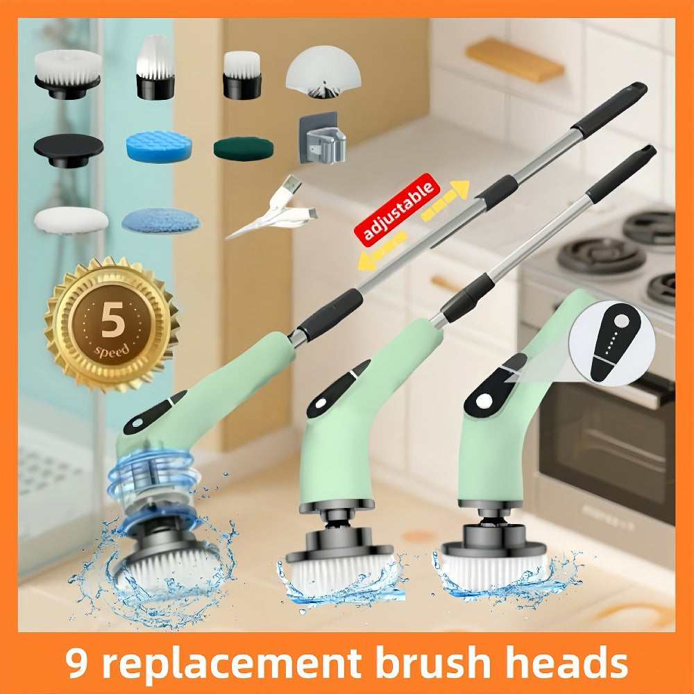 Scrubber with 9 Interchangeable Brush Heads 5 Speed Settings and 3 Extendable Handles