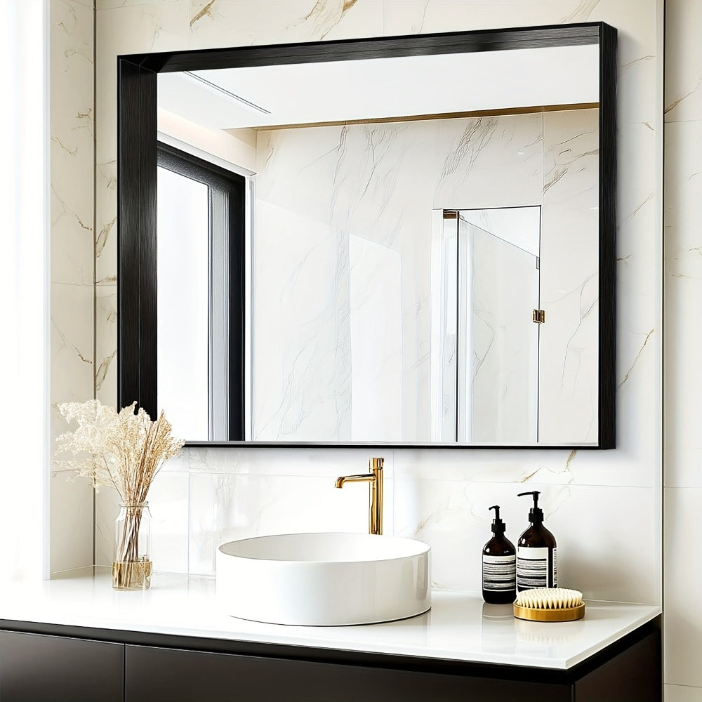 Bathroom Mirror with Rectangular Metal Frame, Horizontal or Vertical Wall Mounting in Three Finishes