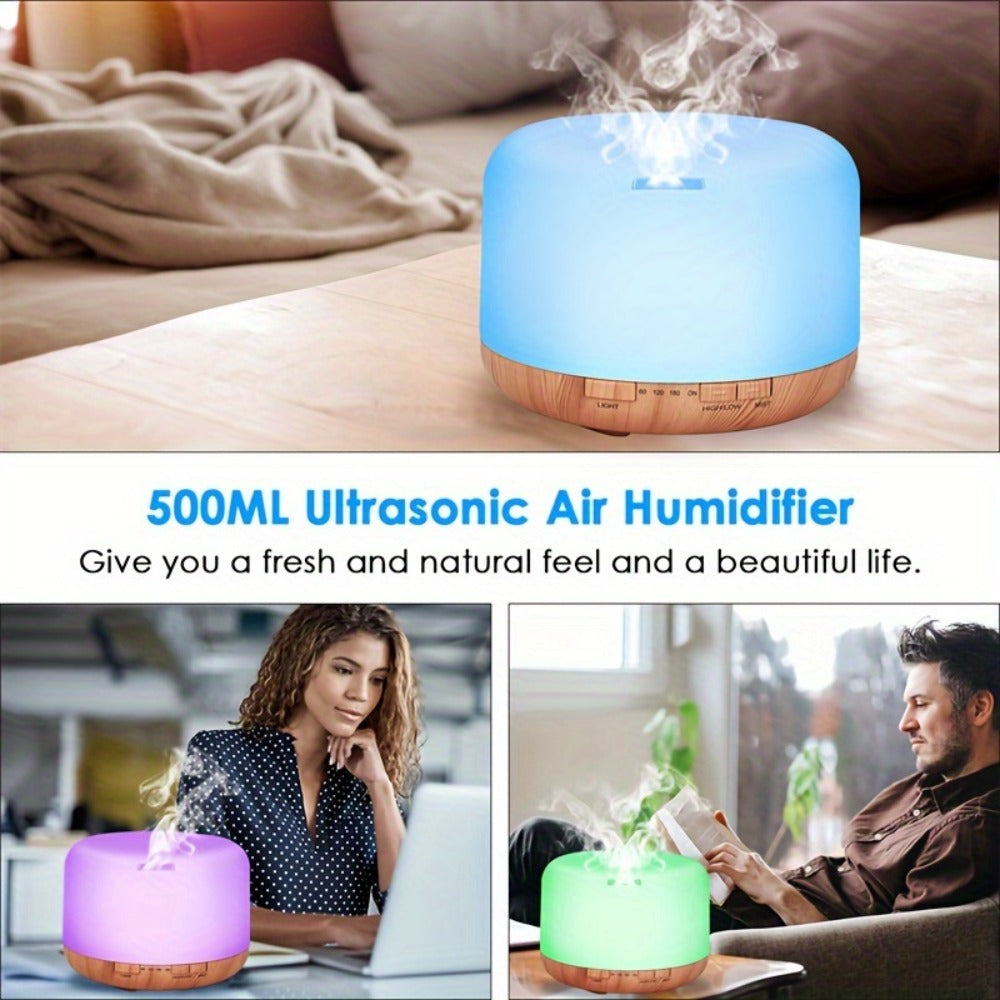 Oil Diffuser (16.91oz) in a Wood Grain Design for Home and Office with 7 Ambient LED Lights