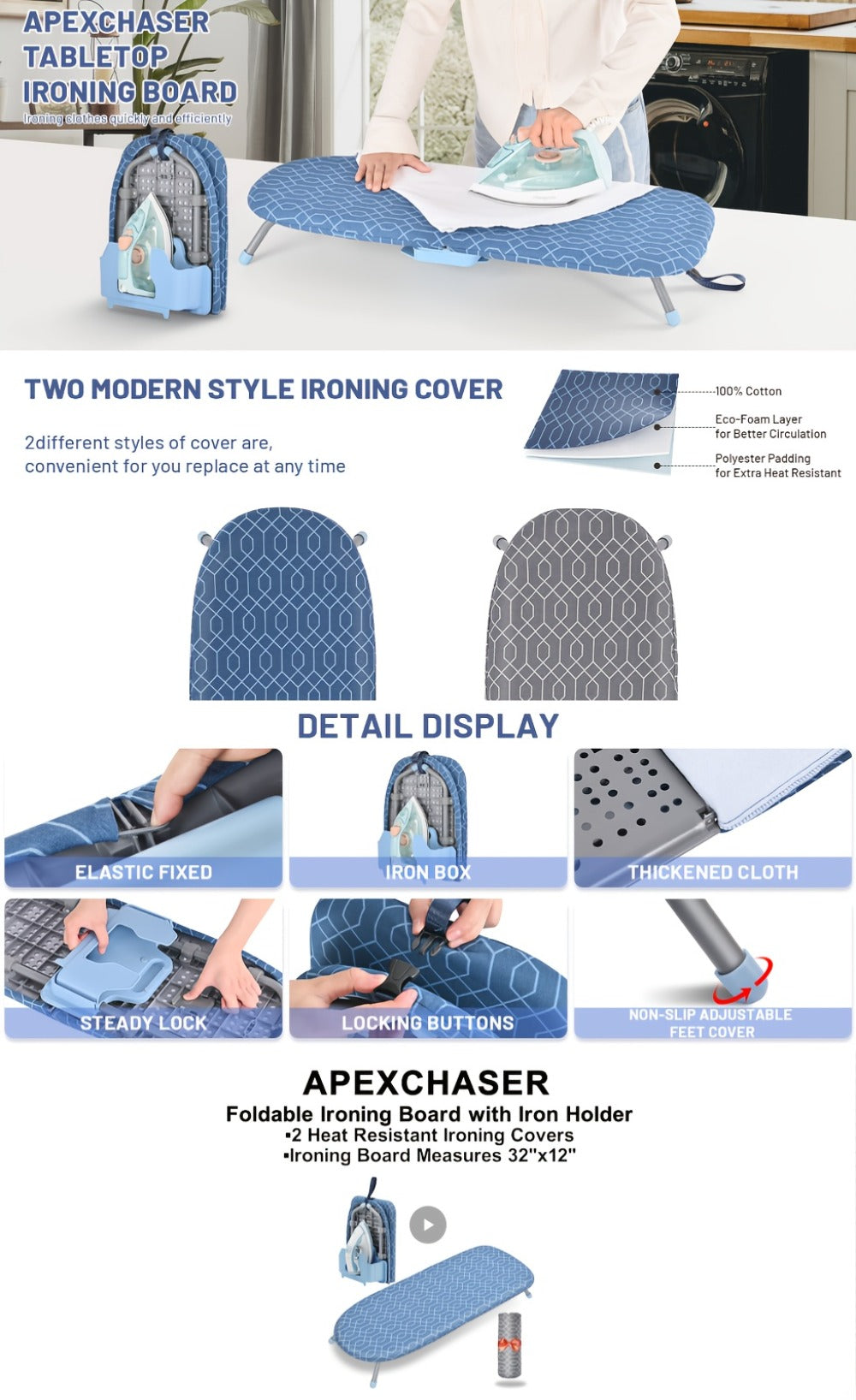Ironing Board, Tabletop Portable, Compact Small Metal Frame Non-Slip Feet for Home Travel Apartment Dorm