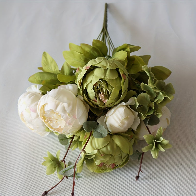 Faux Peony & Hydrangea Bouquet – Vintage Artificial Flowers for Wedding Centerpiece, Bridal Bouquet, Home Decor, Rustic Beige Green Floral Arrangement for Table Vase Living Room & Event Decor
