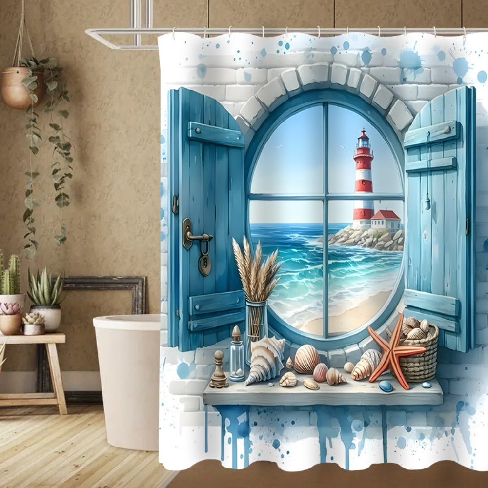 Shower Curtain Set, Ocean View Pattern Nautical Bathroom Decor, Toilet Seat Cover & 12 Hooks for Apartment Hotel