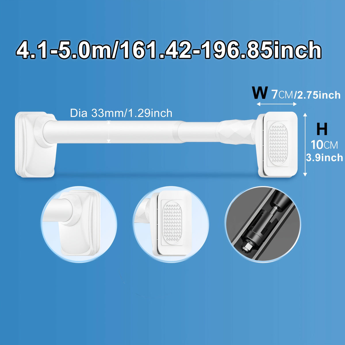 Curtain Rod, 33mm Steel Telescopic Tension Rod with Adjustable Length and No-Drill Installation for Large Windows