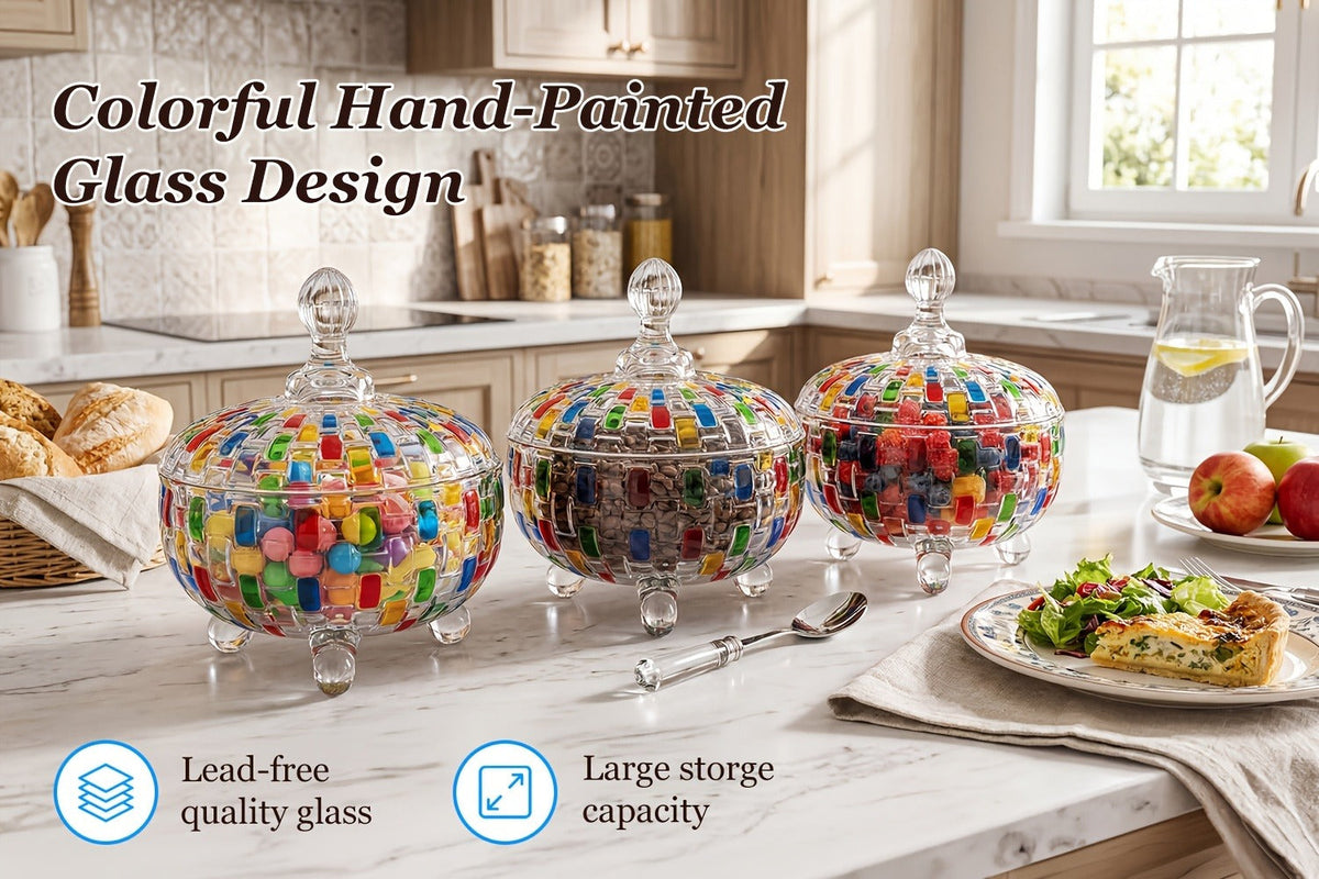 Crystal Glass Candy Dish with Lid and Tongs for Family and Friends