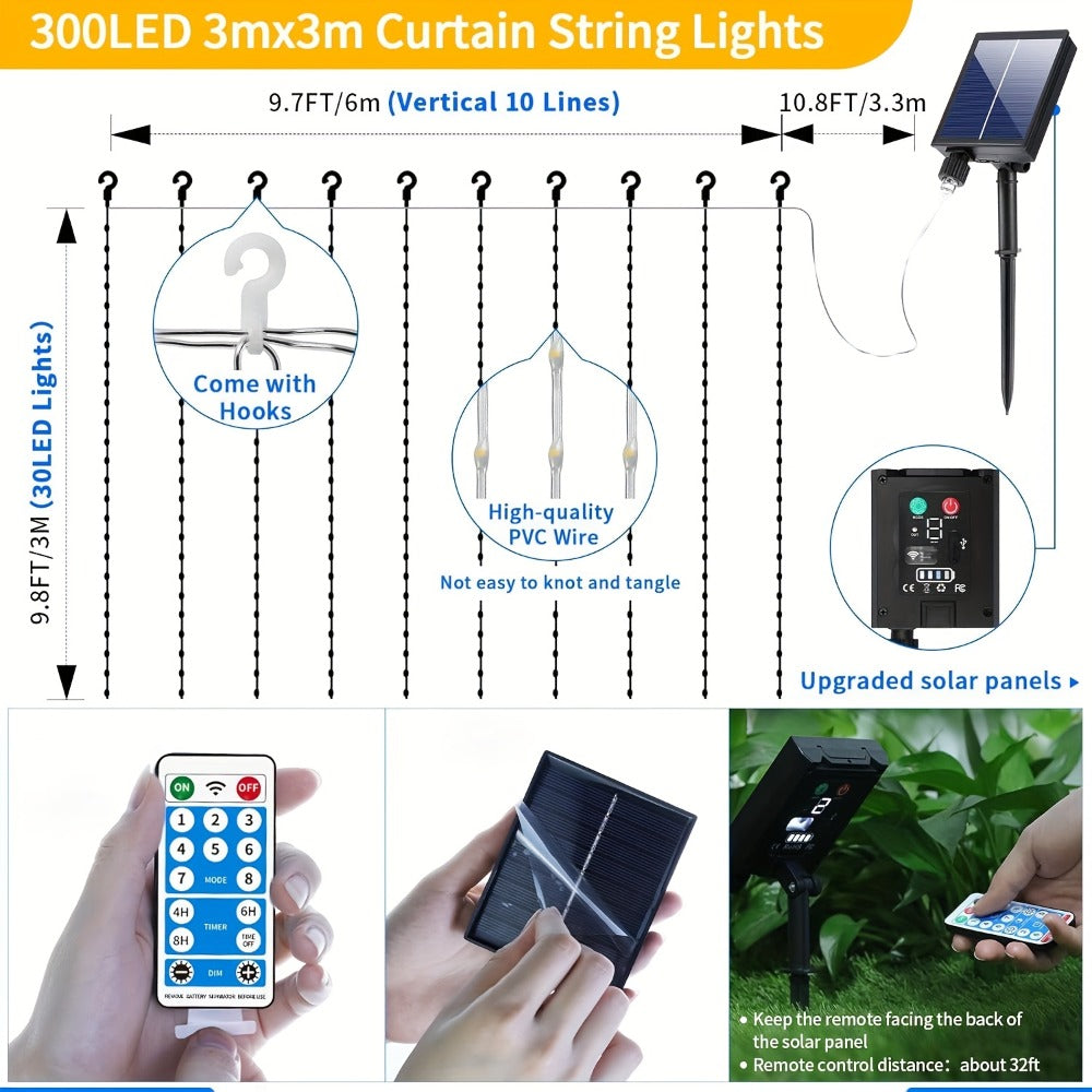 Outdoor String Lights, Solar Curtain Lights Outdoor 300 LED Waterfall Fairy String Lights, 1200mAh lithium rechargeable