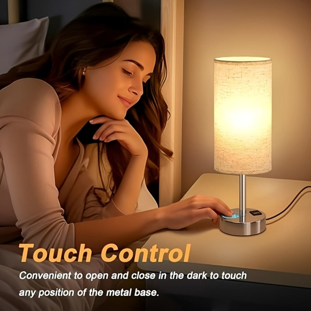 Table Lamp, Wood Base Round Burlap Shade, AC Outlet & A19 LED Bulb Included for Bedroom Living Room Office
