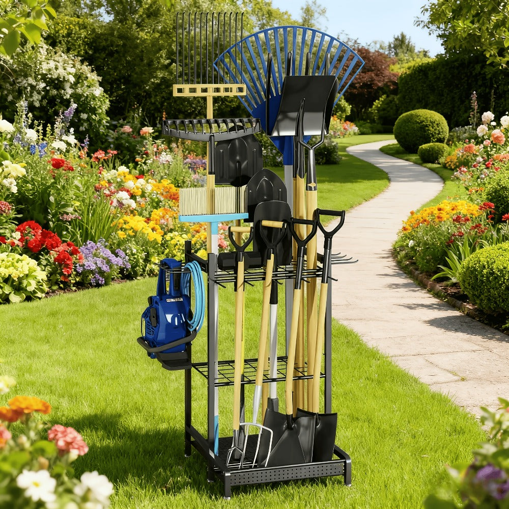 Freestanding Heavy-Duty Metal Storage Rack with Hooks for Long-Handled Yard Tools in the Garage, Garden Tool Organizer