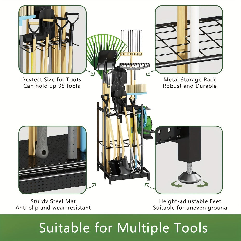 Freestanding Heavy-Duty Metal Storage Rack with Hooks for Long-Handled Yard Tools in the Garage, Garden Tool Organizer