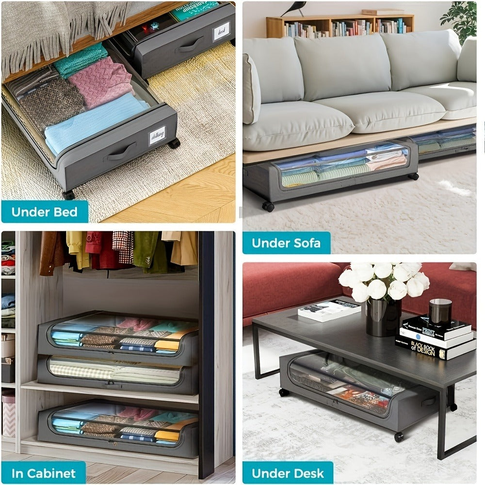 Foldable Under-Bed Organizer Bins with Wheels and Zippered Lids for Clothing and Bedding Storage, Storage Containers