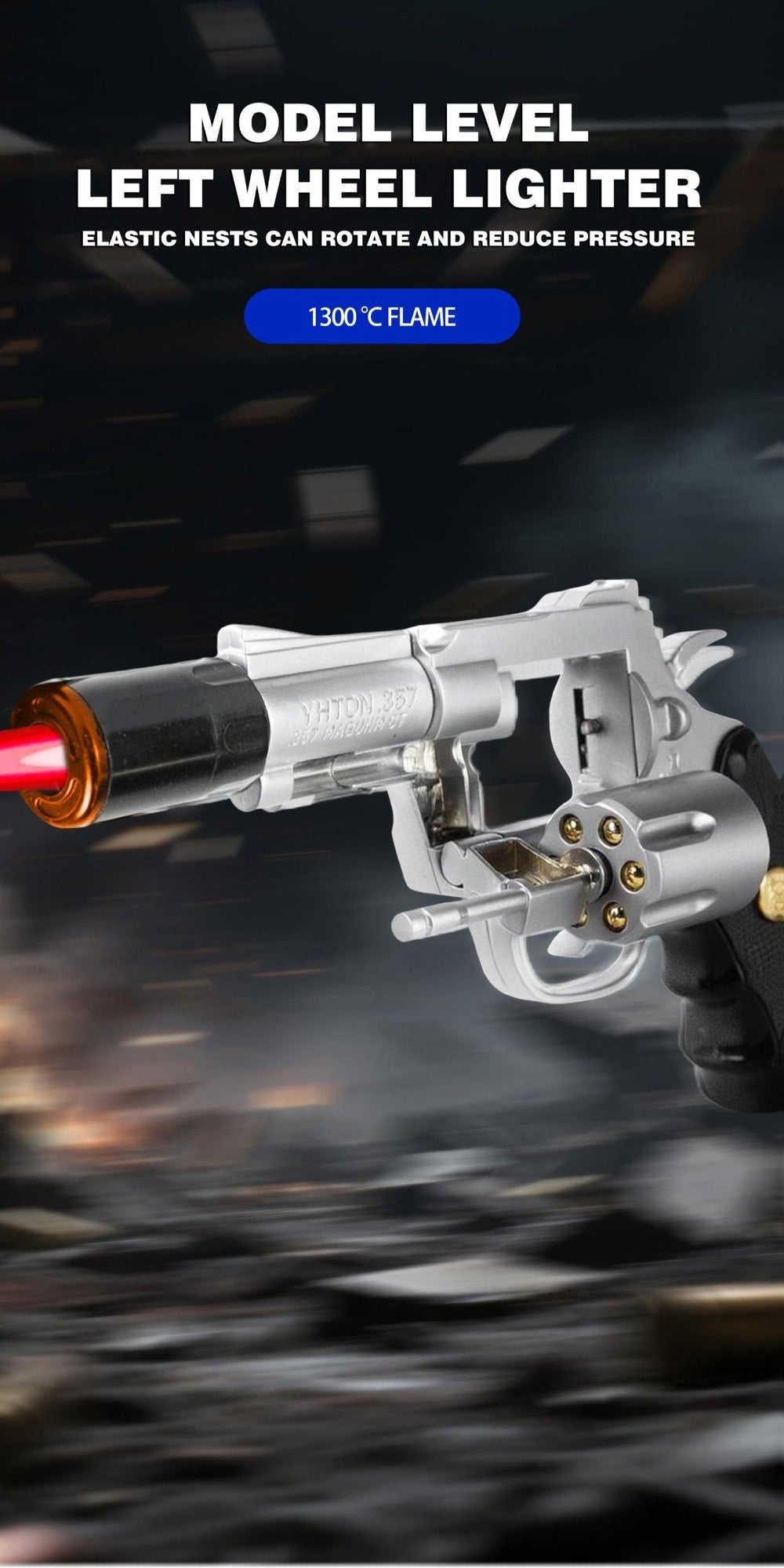Lighter with Adjustable Flame and Pistol Revolver & Wheel Design for Camping Outdoor Cooking Grilling BBQ Charcoal Lighting