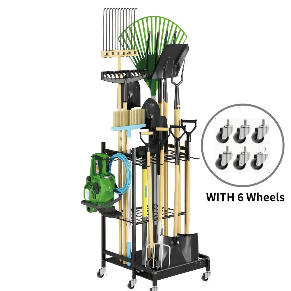 Freestanding Heavy-Duty Metal Storage Rack with Hooks for Long-Handled Yard Tools in the Garage, Garden Tool Organizer