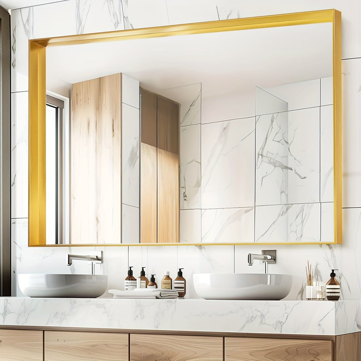 Bathroom Mirror with Rectangular Metal Frame, Horizontal or Vertical Wall Mounting in Three Finishes