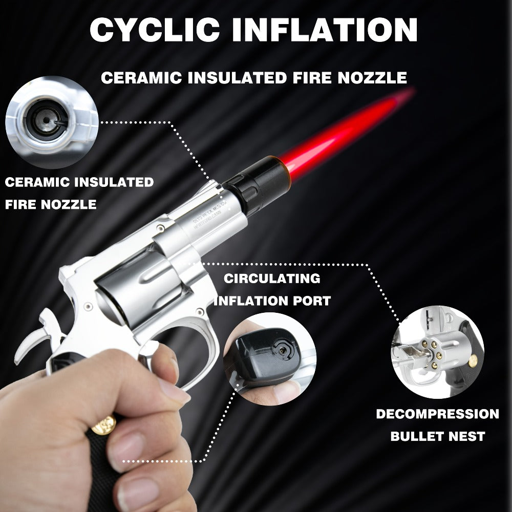 Lighter with Adjustable Flame and Pistol Revolver & Wheel Design for Camping Outdoor Cooking Grilling BBQ Charcoal Lighting