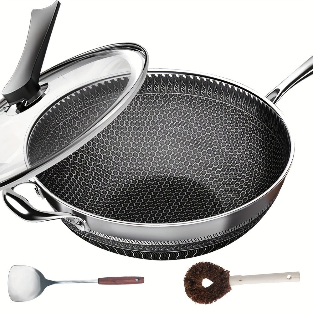 Non-Stick Stainless Steel Wok with Lid and Spatula, 13.3 Inch for Stir Fry