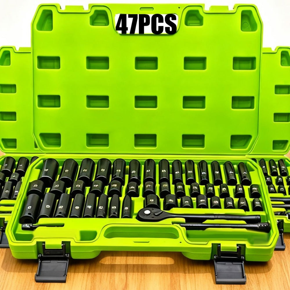 Impact Socket Set – 53-Piece Tool Set, 47-Piece 3/8" Drive & 34-Piece 1/2" Drive, SAE & Metric Sizes, 6-Point CR-V with Ratchet Handle, Extension Rod & Connector for Auto Repair & DIY