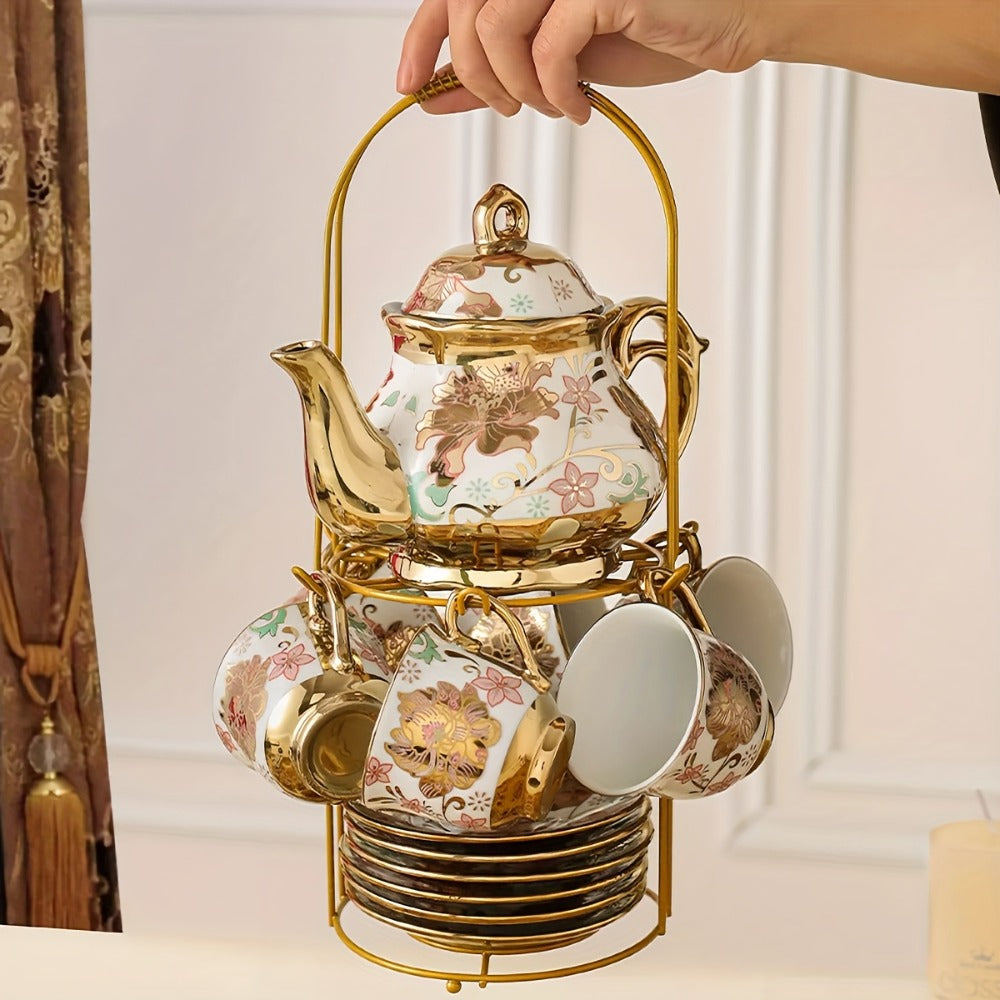 European Floral Ceramic Tea Set 20 Pcs – Italian Style Afternoon Tea Set with Metal Stand – Blooming Pattern Teapot & Cups – Elegant Gift for Tea Lovers & Special Occasions – Golden