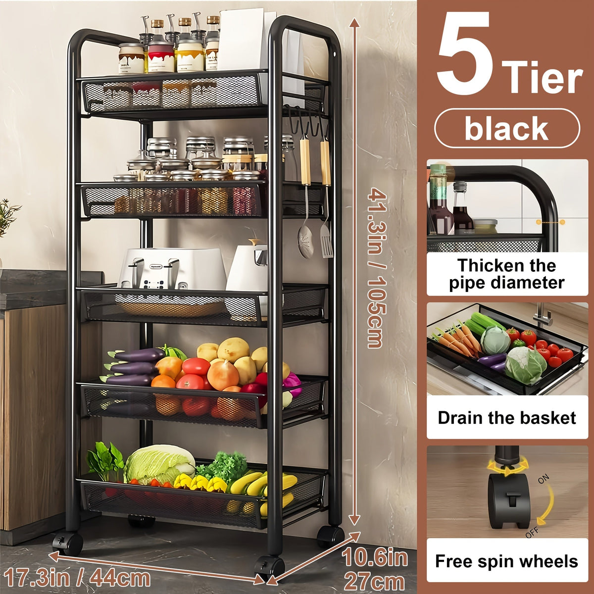Storage Cart on Wheels in Carbon Steel for Kitchen and Bathroom (Space-Saving Detachable Shelving Unit)