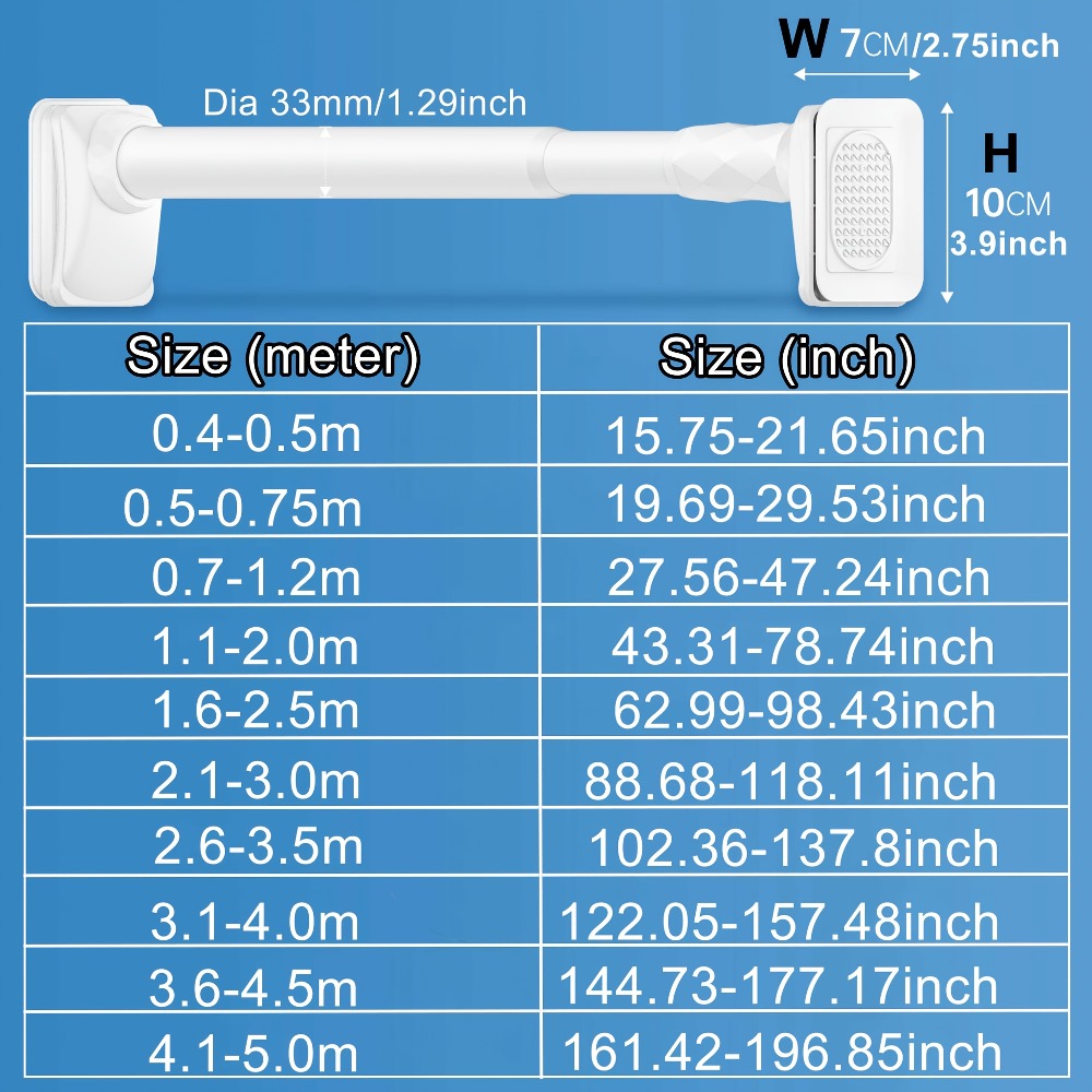 Curtain Rod, 33mm Steel Telescopic Tension Rod with Adjustable Length and No-Drill Installation for Large Windows