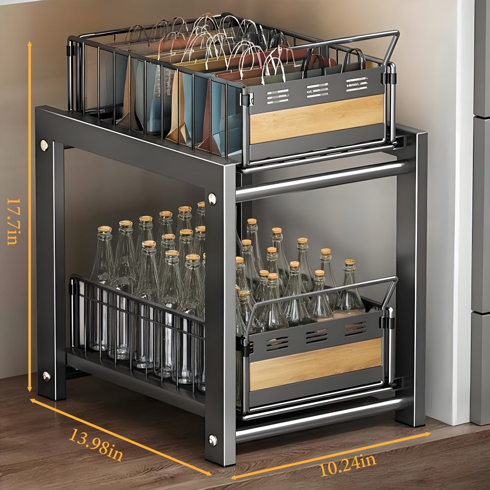 Under Cabinet Organizer in a Carbon Steel Design with Wood Accents
