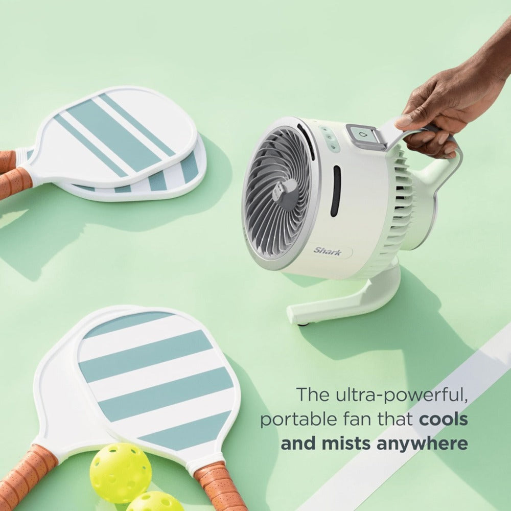 Misting Fan in a Portable Refurbished Sky Color Design for Indoor and Outdoor Use (29Hr Battery)