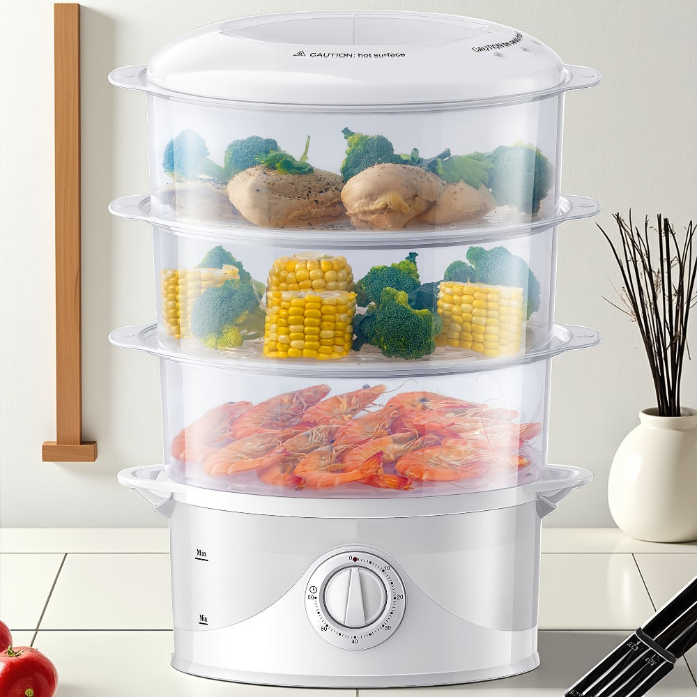 Electric Food Steamer 3-Tier 9.6QT Large Capacity, 800W Fast Cooking, 60-Min Timer, Boil-Dry Protection, Dishwasher Safe & BPA-Free