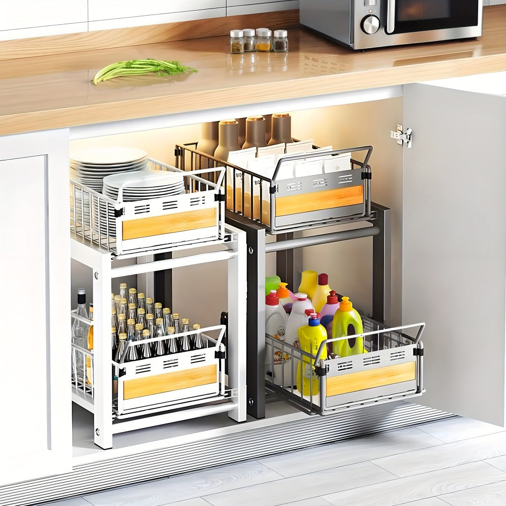 Under Cabinet Organizer in a Carbon Steel Design with Wood Accents