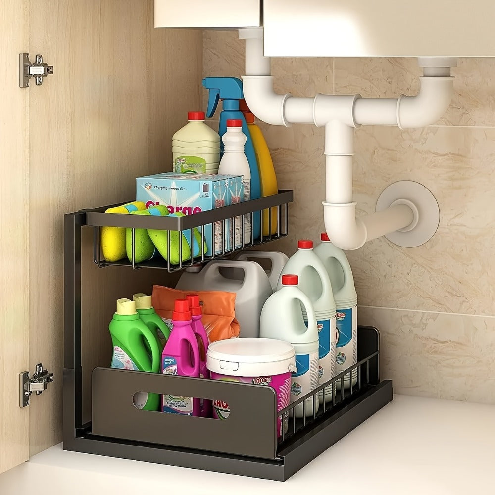 L-Shaped Sliding Drawer Organizer Heavy-Duty Under Sink Storage Rack, Garage & Workshop, Cabinet Organizers