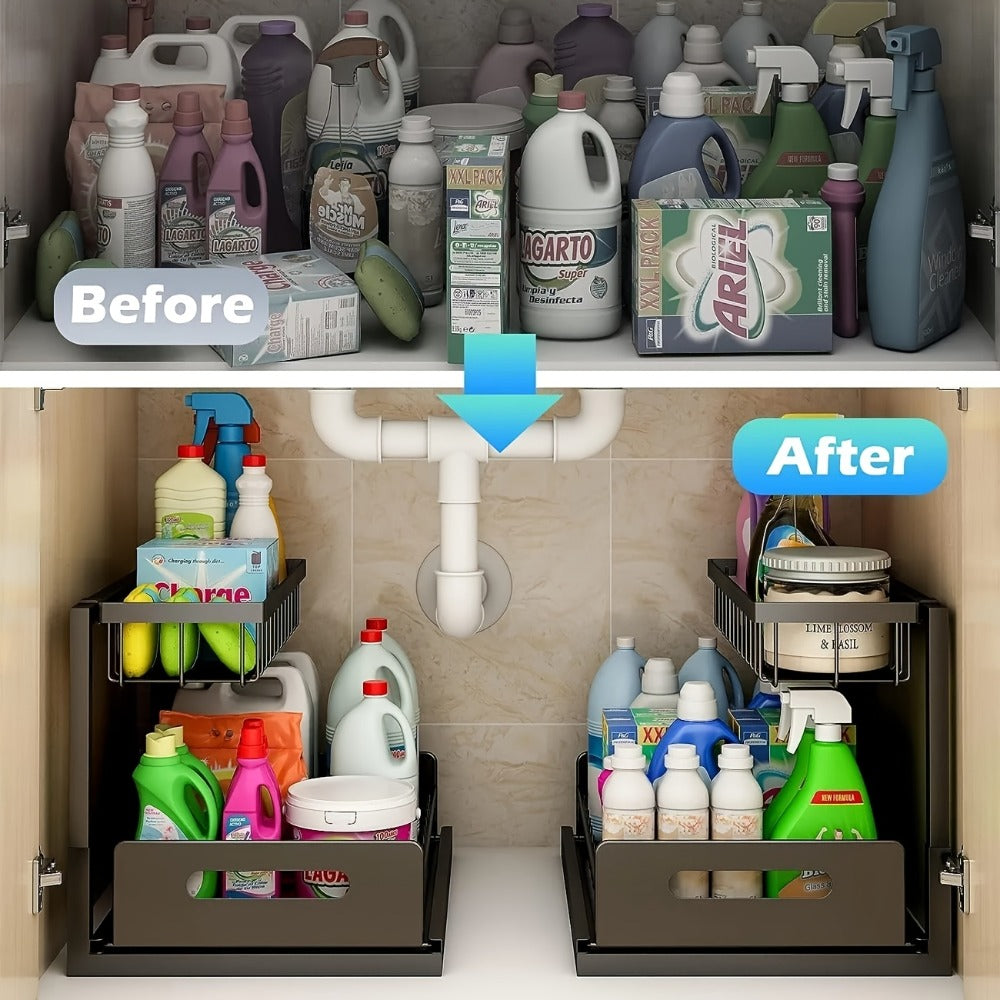L-Shaped Sliding Drawer Organizer Heavy-Duty Under Sink Storage Rack, Garage & Workshop, Cabinet Organizers