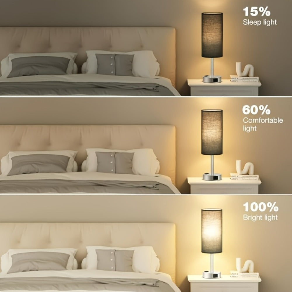 Table Lamp, Wood Base Round Burlap Shade, AC Outlet & A19 LED Bulb Included for Bedroom Living Room Office