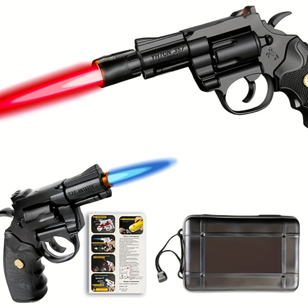 Lighter with Adjustable Flame and Pistol Revolver & Wheel Design for Camping Outdoor Cooking Grilling BBQ Charcoal Lighting