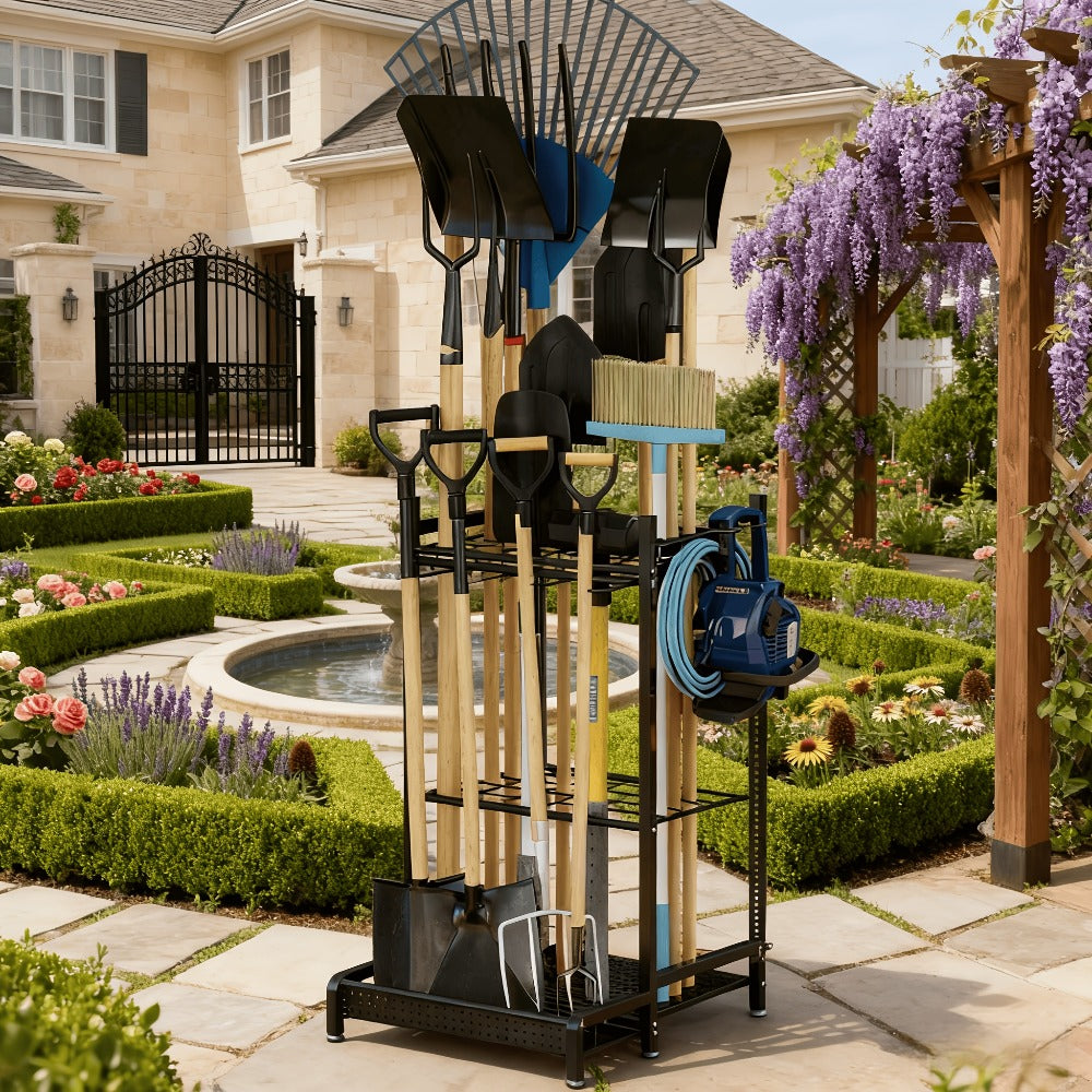 Freestanding Heavy-Duty Metal Storage Rack with Hooks for Long-Handled Yard Tools in the Garage, Garden Tool Organizer