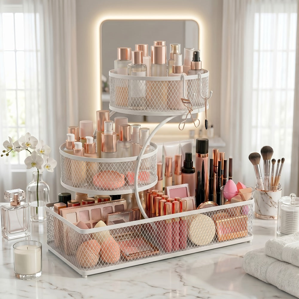 Bathroom Rack in a Metal Design with a Spray Bottle and the Hooks