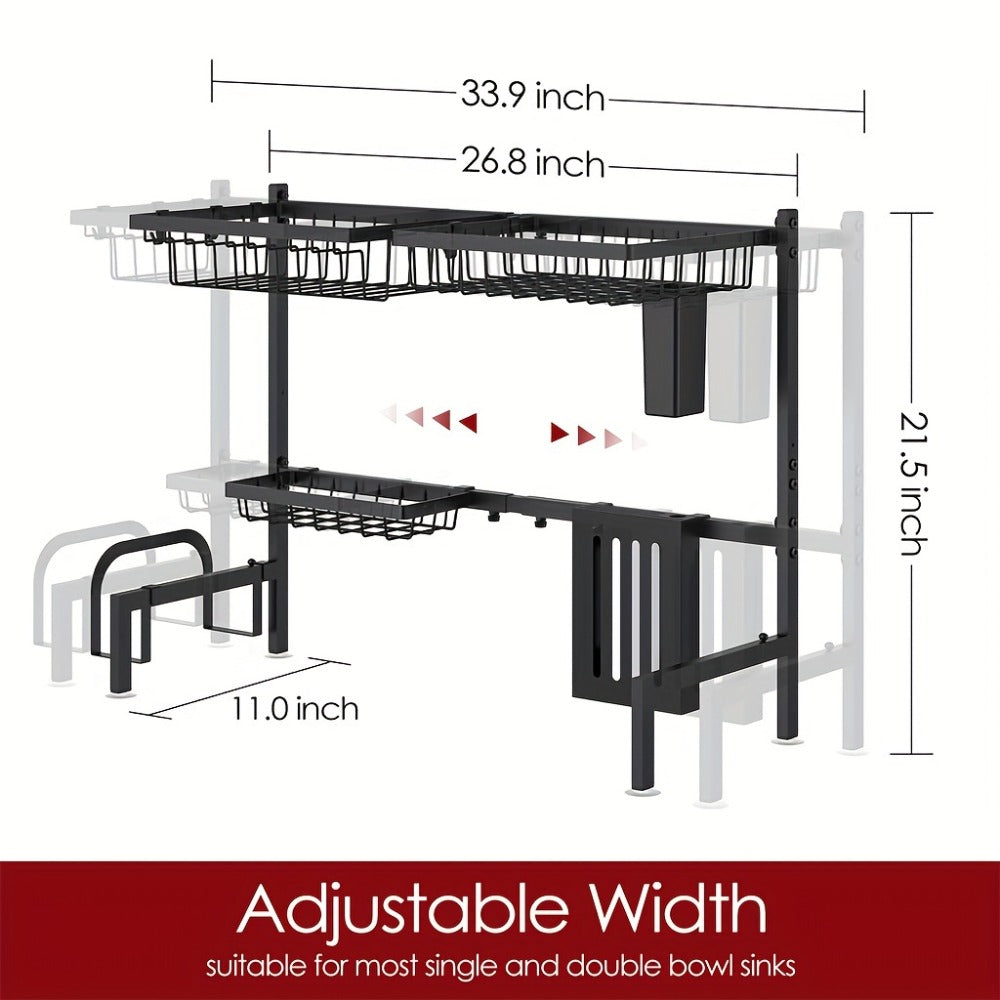 Over-the-Sink Dish Drying Rack, Adjustable Two-Tier 304 Stainless Steel Kitchen Organizer for 30 to 34-Inch Widths