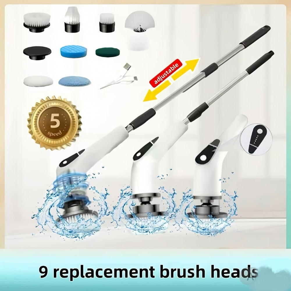 Scrubber with 9 Interchangeable Brush Heads 5 Speed Settings and 3 Extendable Handles