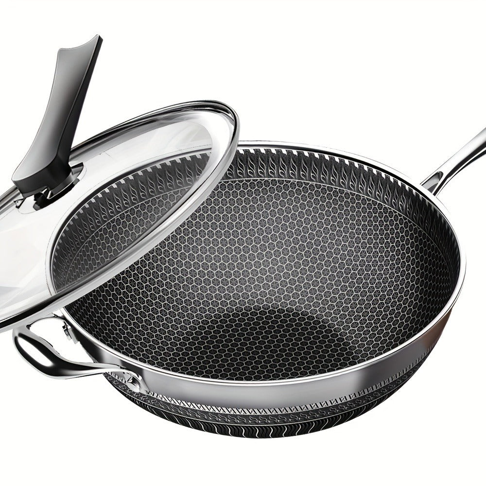 Non-Stick Stainless Steel Wok with Lid and Spatula, 13.3 Inch for Stir Fry