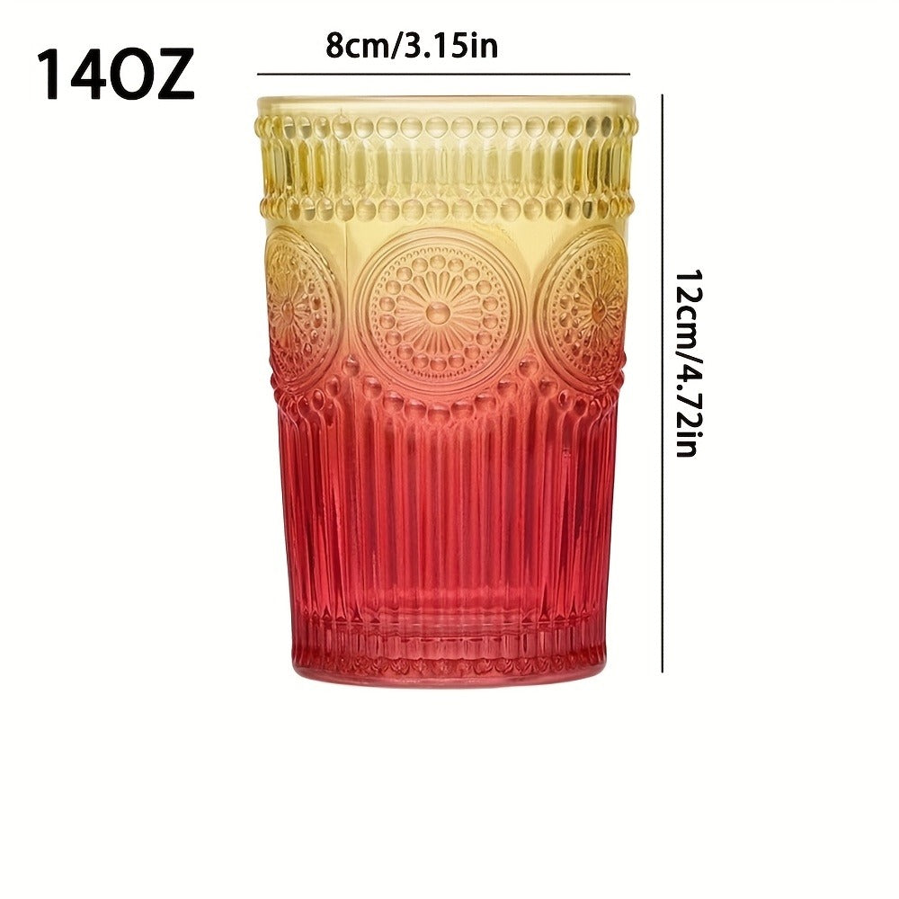 Vintage Drinking Glasses Set of 6 Colored Tumblers 14 oz – Embossed Geometric Pattern, 6 Muted Colors, for Water, Juice, Beer, Cocktails, Whiskey & Milk – Retro Barware Gift Set