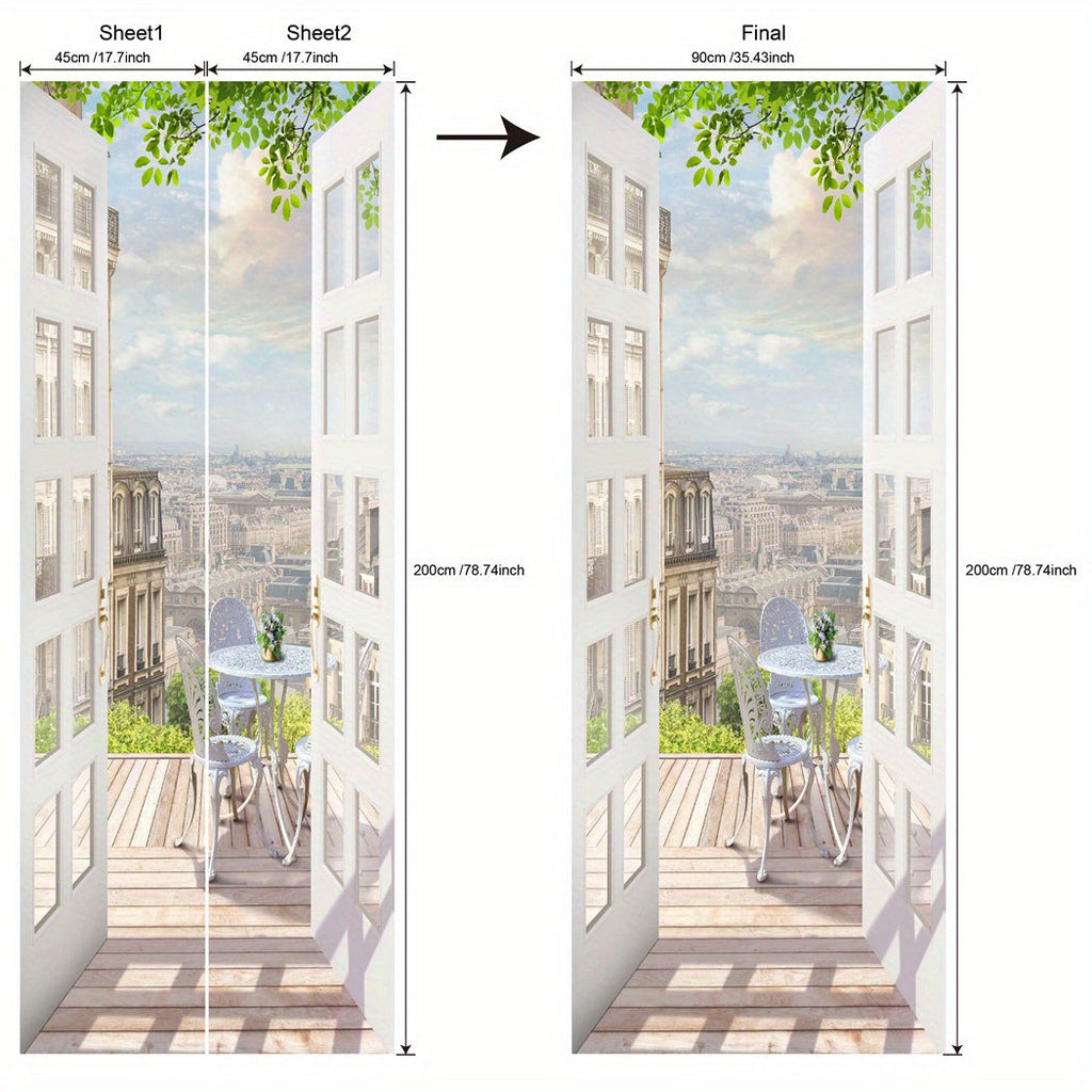 Door Sticker Balcony Scenery Wall Mural – Removable Waterproof Peel & Stick Large Wall Art for Bedroom & Living Room, Faux Window View Home Decor, 35.43 x 78.74 Inches