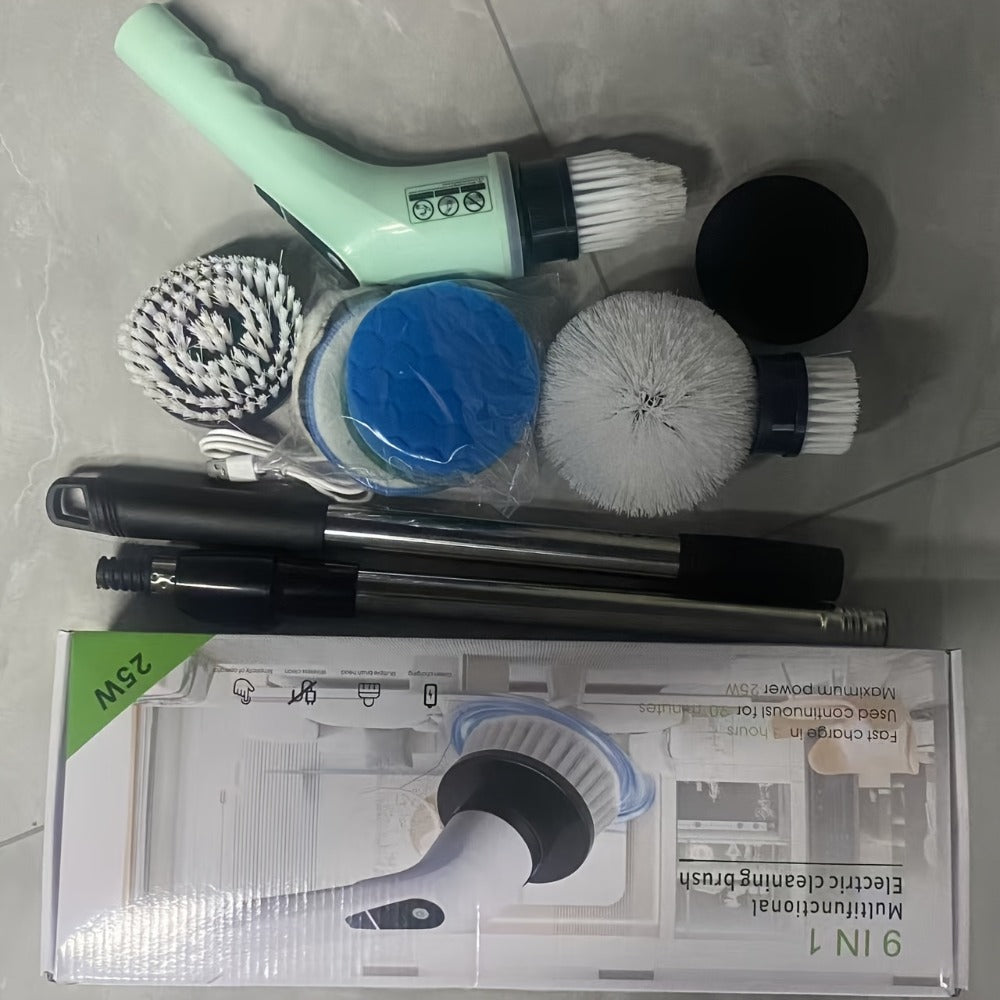Scrubber with 9 Interchangeable Brush Heads 5 Speed Settings and 3 Extendable Handles