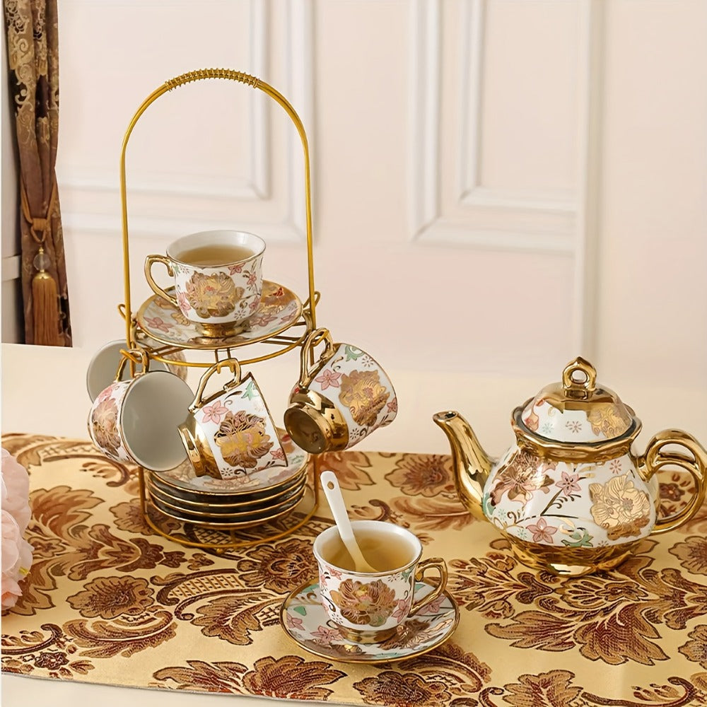 European Floral Ceramic Tea Set 20 Pcs – Italian Style Afternoon Tea Set with Metal Stand – Blooming Pattern Teapot & Cups – Elegant Gift for Tea Lovers & Special Occasions – Golden
