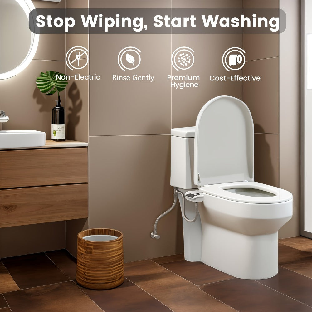 Bidet Attachment, Dual Retractable Nozzle Non-Electric Self-Cleaning Fresh Water Bidet Sprayer, Fits Most Toilets