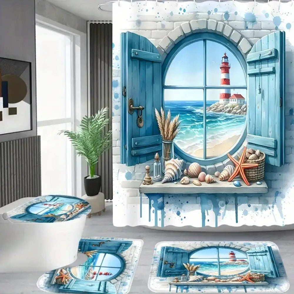 Shower Curtain Set, Ocean View Pattern Nautical Bathroom Decor, Toilet Seat Cover & 12 Hooks for Apartment Hotel