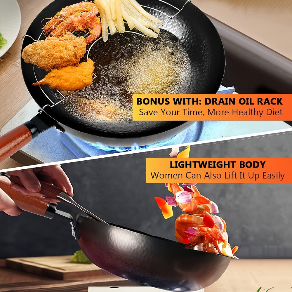 Cast Iron Wok Set 14 Piece 12.6 Inch Flat Bottom Stir Fry Pan with Lid Spatula Accessories - Natural Non-Stick Black Iron Wok for All Stoves Gas Electric Induction Honeycomb Design