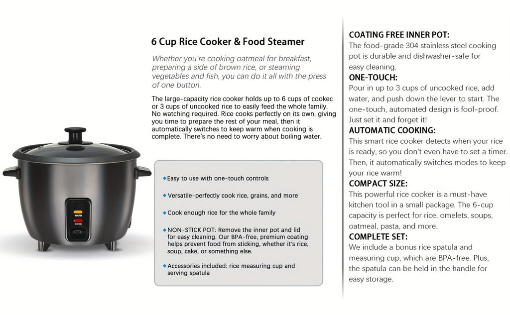 Rice Cooker & Yogurt Maker 3-Cup Nonstick – 1.5Qt Multicooker with Auto Keep Warm, One-Touch Operation, Stainless Steel Inner Liner & Steamer for Grain, Oatmeal & More