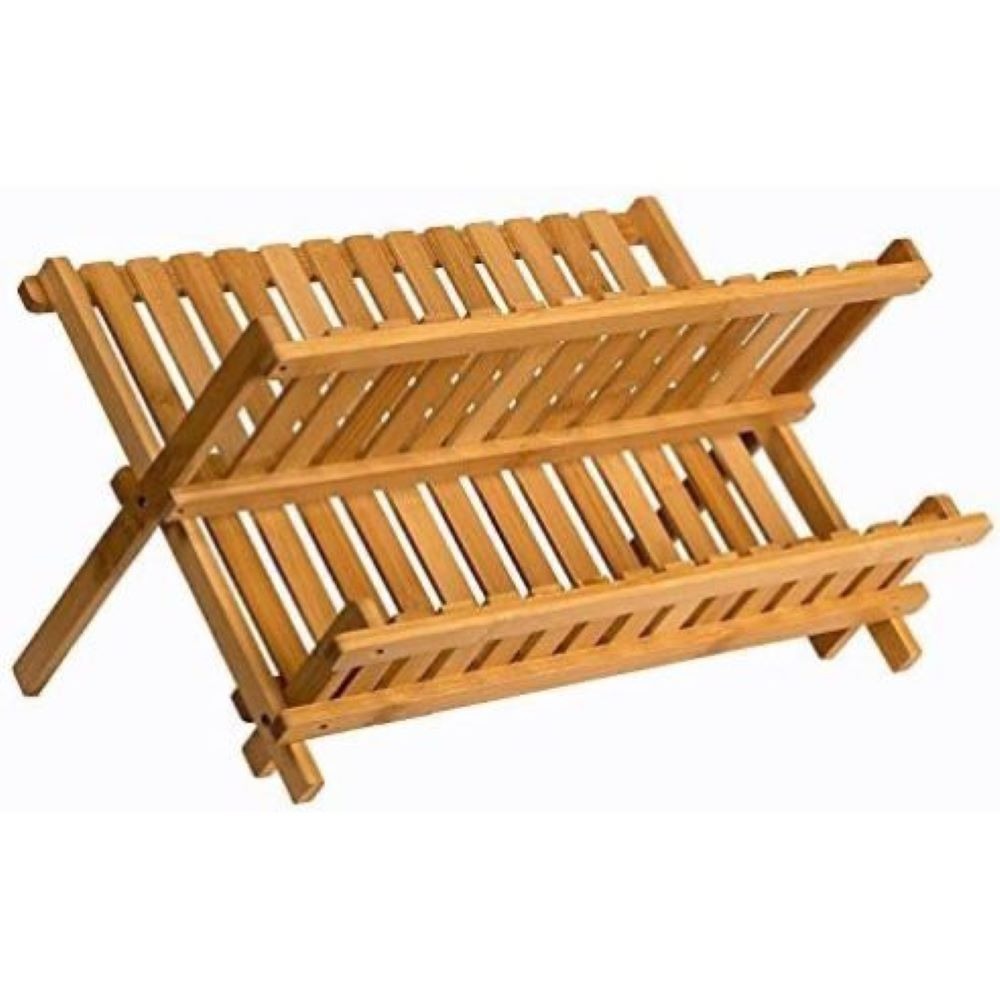 Dish Drying Rack, Bamboo 2 Tier Collapsible Wooden Dish Drainer, Compact Kitchen Counter Organizer for Dishes
