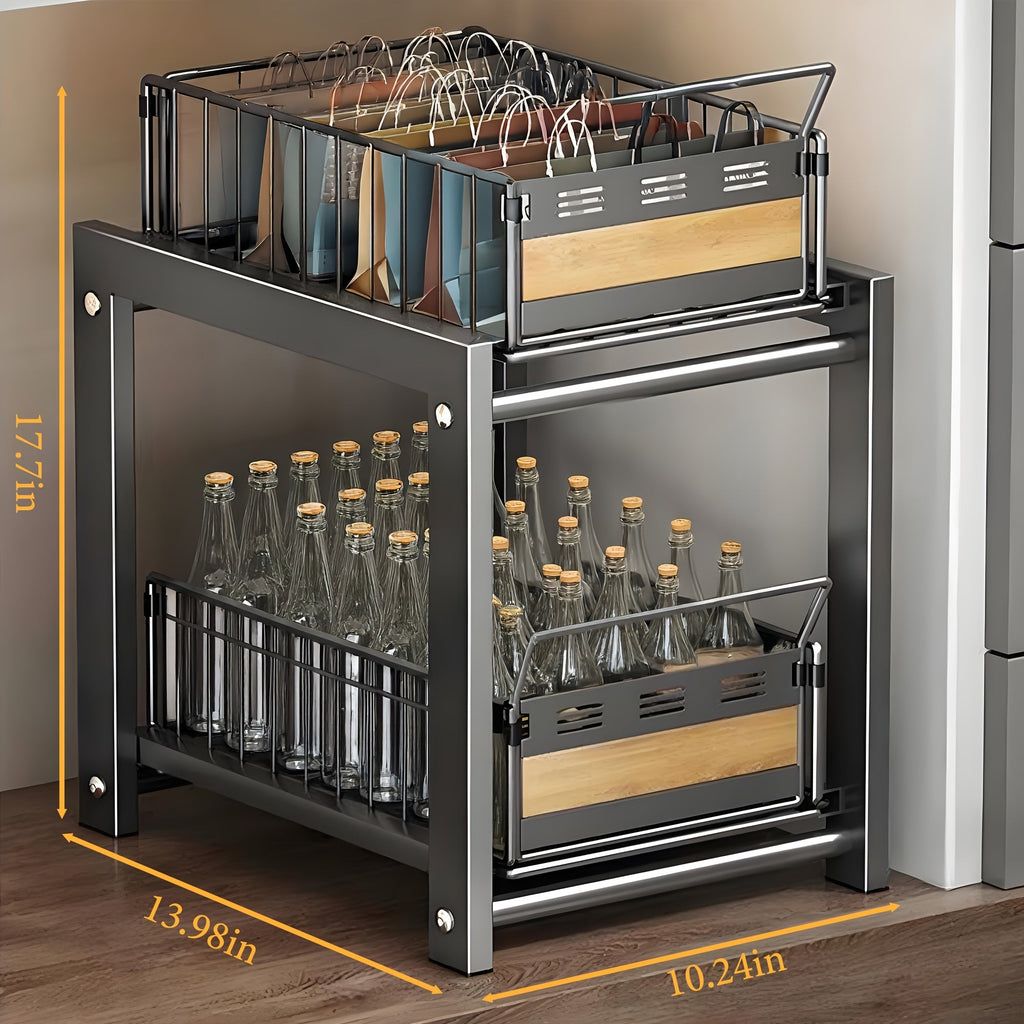 Under Cabinet Organizer in a Carbon Steel Design with Wood Accents
