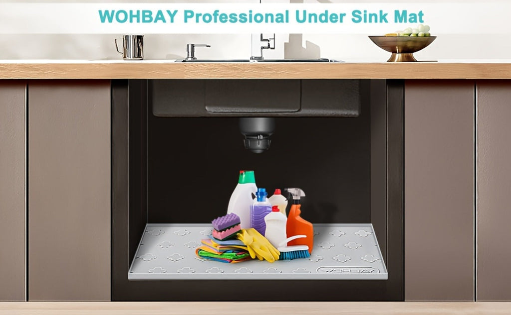 Under Sink Mat Waterproof Silicone 34" x 22" Undersink Drip Tray Liner for Kitchen Bathroom Cabinet, Holds 2 Gallons, Non-Toxic Durable Cabinet Protector with Raised Edges Four-Leaf Clover Pattern
