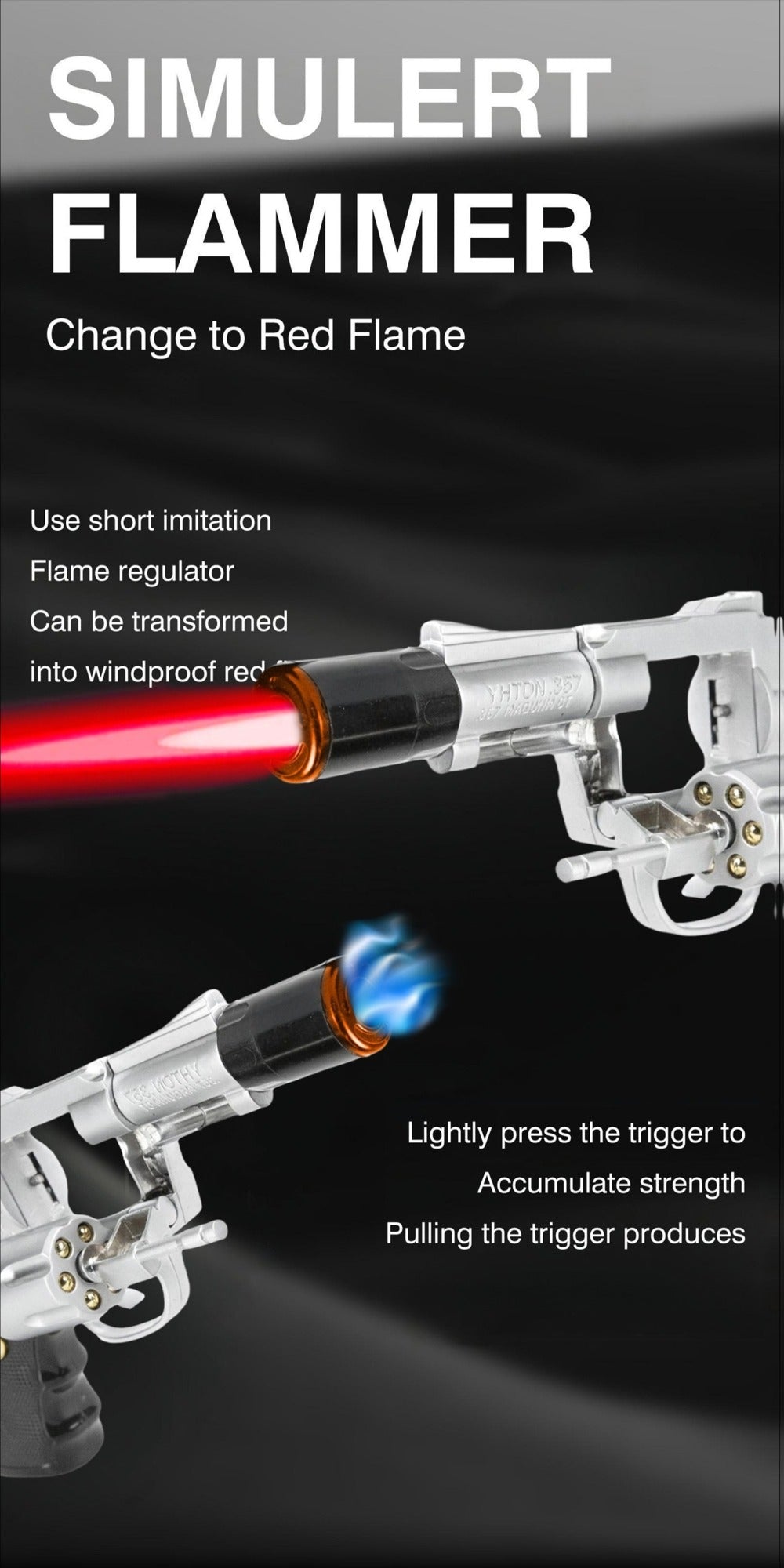 Lighter with Adjustable Flame and Pistol Revolver & Wheel Design for Camping Outdoor Cooking Grilling BBQ Charcoal Lighting