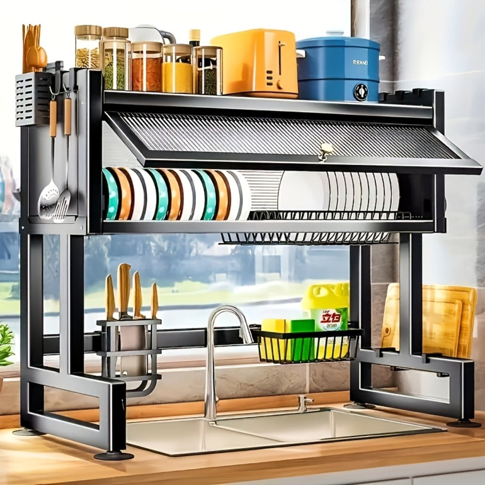 Dish Drying Rack, Multi-Layer Kitchen Countertop Organizer, Dust-Free Drainer for Plates Bowls Utensils