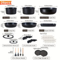 Detachable Handle Cookware Set 16 & 26 Piece Non-Stick PFOA-Free – Stackable Space-Saving Pots and Pans | Oven Safe 480°F Induction Compatible | RV Camping Kitchen Cooking Set in Black & Beige