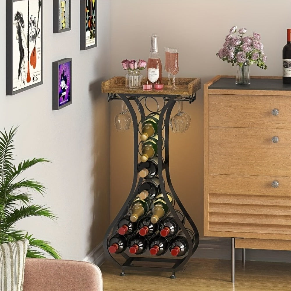 Wine Rack Floor Stand in a Freestanding Wood Tabletop Design for Home Bar and Kitchen (14 Bottles)